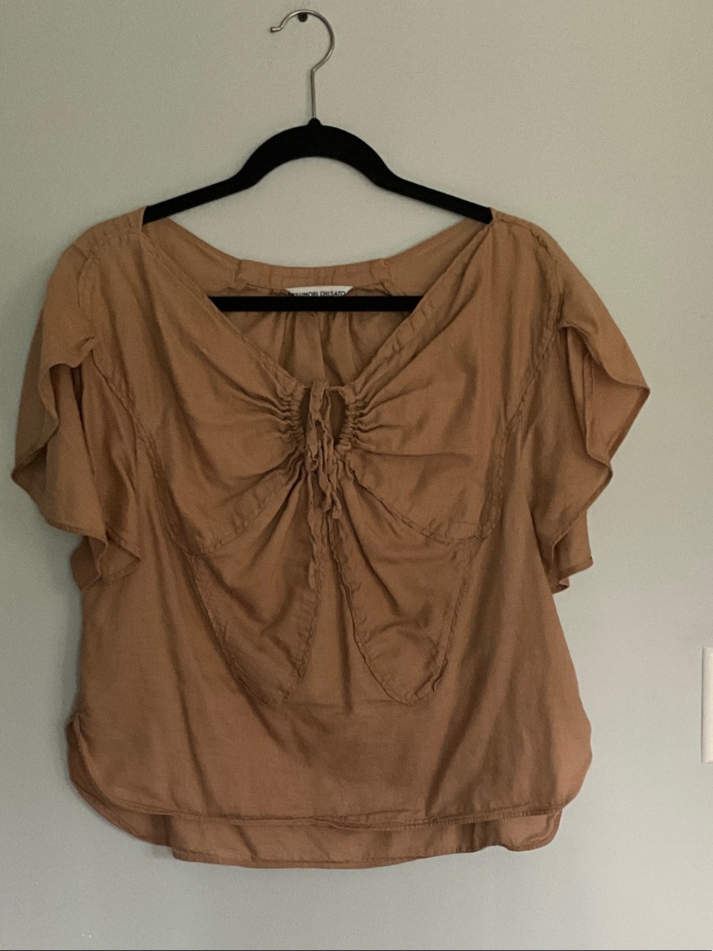 Tsumori Chisato Tan Gathered Front Flutter-Sleeve Top